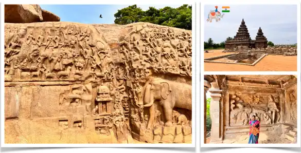 Mahabalipuram Denkmaler: Herabkunft von Ganga, Shore Tempel